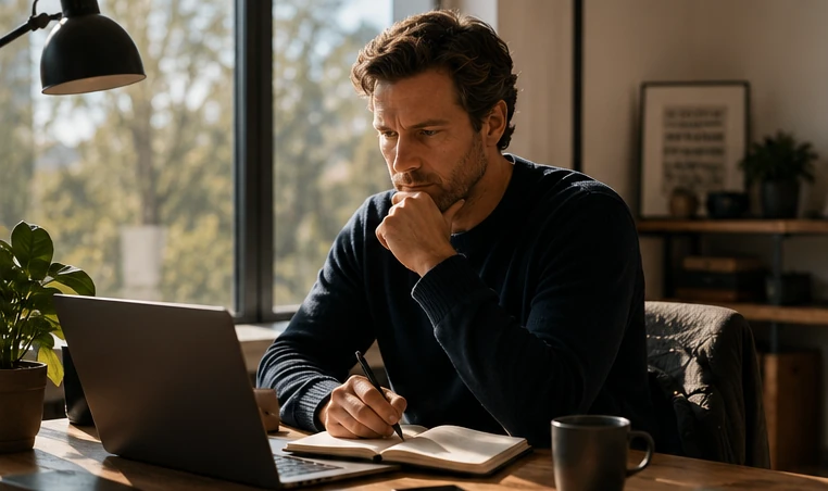 A solo founder sits at a desk with a laptop, notebook and coffee, planning the week.